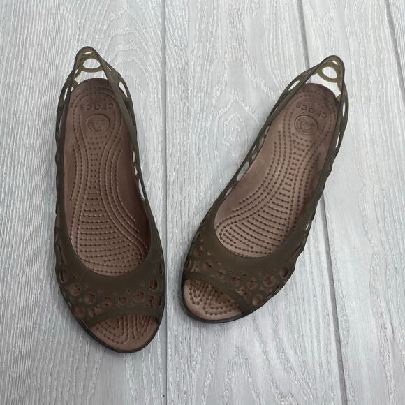 Crocs Women's Tan Smoked Jelly Rubber Peep Toe Adrina Flats Size 8 - Picture 1 of 10